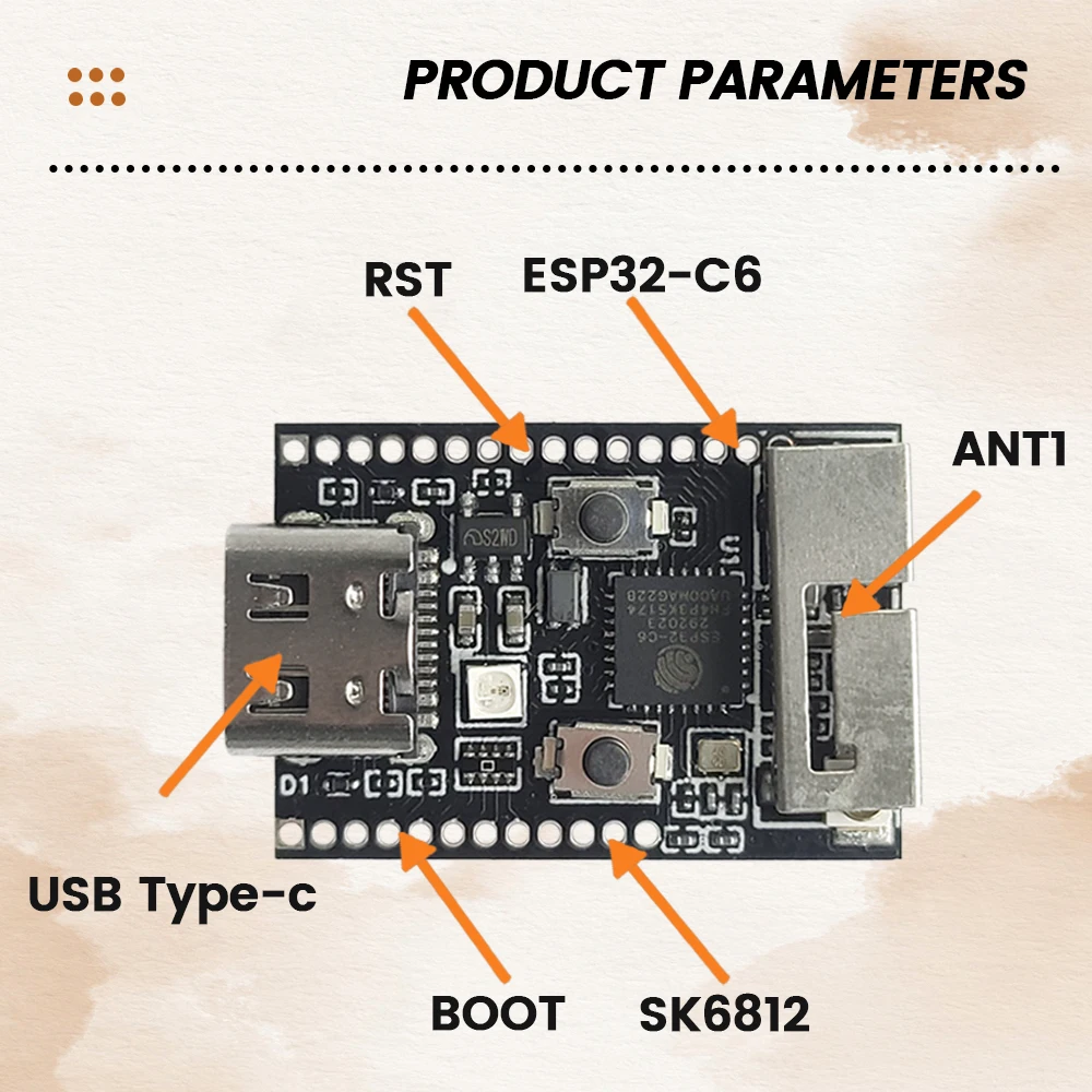 Фото Wifi6 ESP32 C6 разрядная плата Женская 32-разрядная флэш-память N4 BT Wifi модуль с кварцевым генератором RGB флэш-память 4 Мб USB Type-C №2