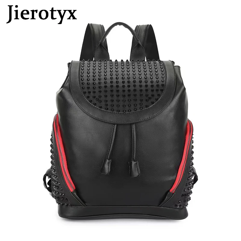 JIEROTYX Womens Studded Black Leather Backpack Casual Pack School Bags for Girls Punk Casual Traveling Daypack Bookbag Men