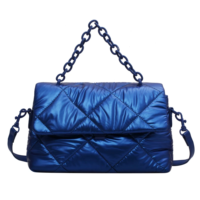 Winter New Designer Women Soft Padded Space Bag Lingge Pattern Nylon Shoulder Crossbody Bag Acrylic Chain Quilted Small Falp Bag