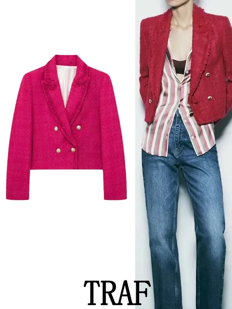 

Женский короткий Блейзер с необработанными краями, модный двубортный винтажный Повседневный приталенный пиджак TRAF, осень 2023