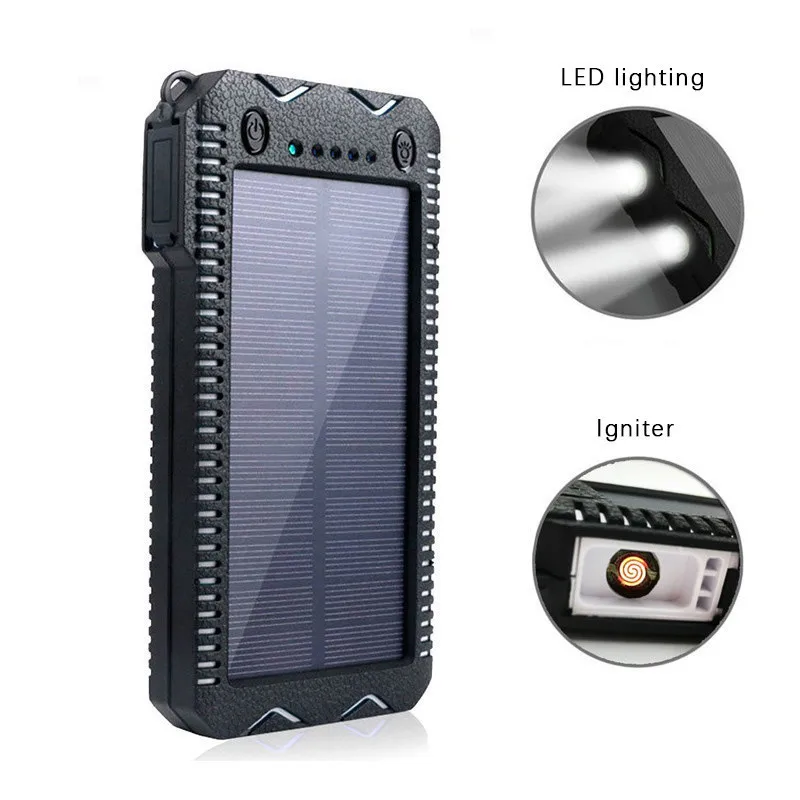 30000mah waterproof solar power bank high capacity mobile phone cigarette lighter charging sos outdoor emergency free global shipping