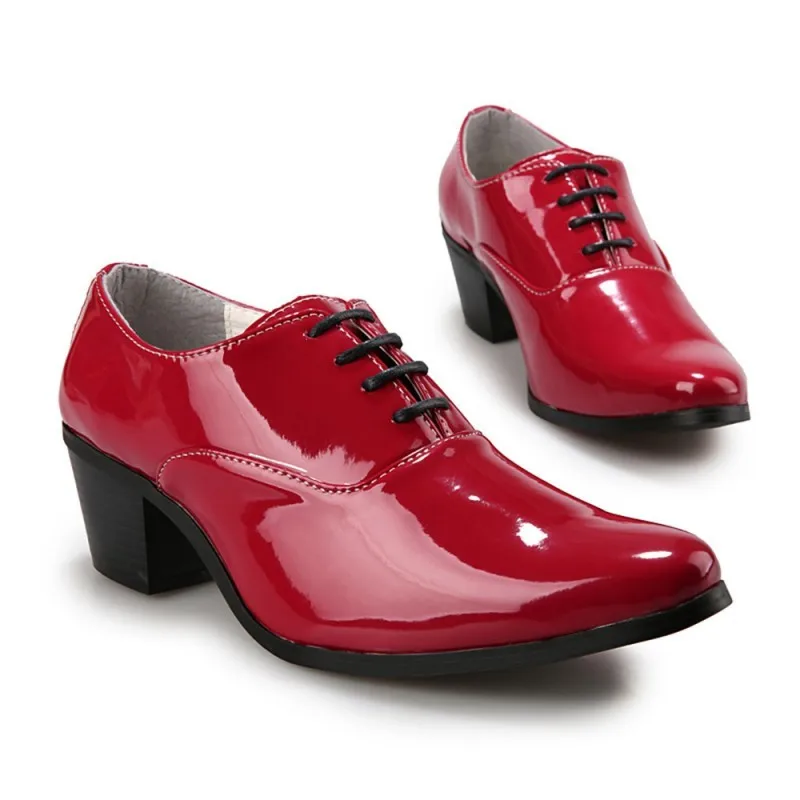 

High Mens Heel Dress Shoes Party Banquet Pointed Toe Patent Leather Derby Shoes Men Fashion Business Solid Lace Up Formal Shoes