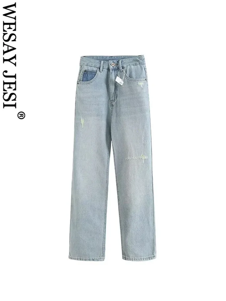 

WESAY JESI TRAF Female High Street Skinny Denim Pants Gradient Patchwork Ripped Hole Pencil Pants Summer Jeans For Women 2023