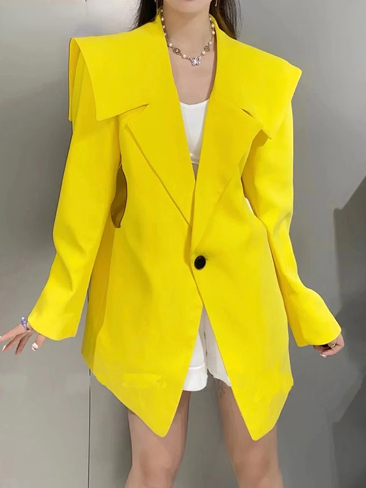 

Fashion Women's Blazer New Notched Loose Single Button Solid Long Sleeve Hollow Out Yellow Suit Jackets Summer 2022 17A1959