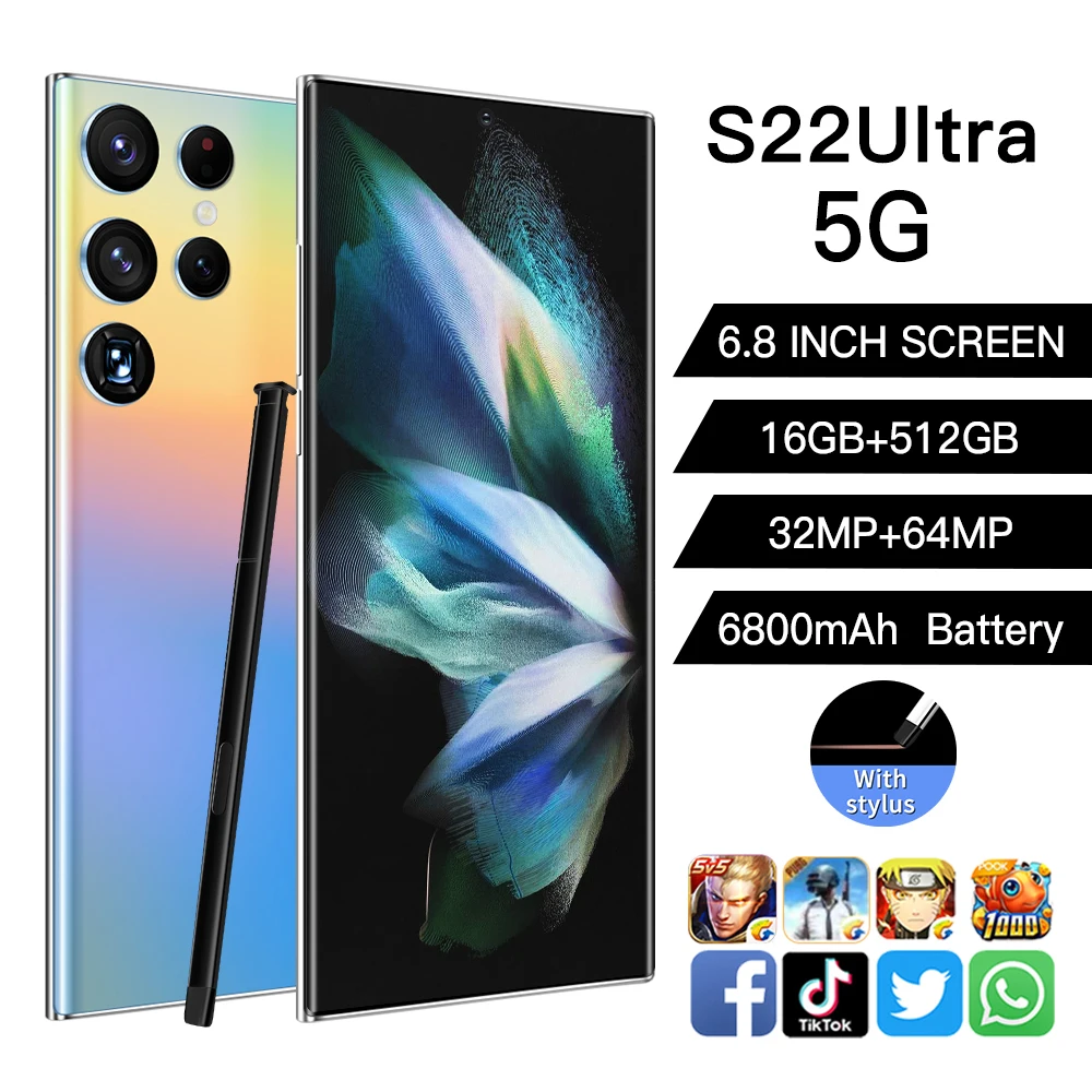 

Смартфон глобальная версия S22 Ultra, сотовый телефон, большой экран 6,8 дюйма, 16 ГБ + 512 ГБ, 6800 мАч, 32 + 64 Мп, Android 12