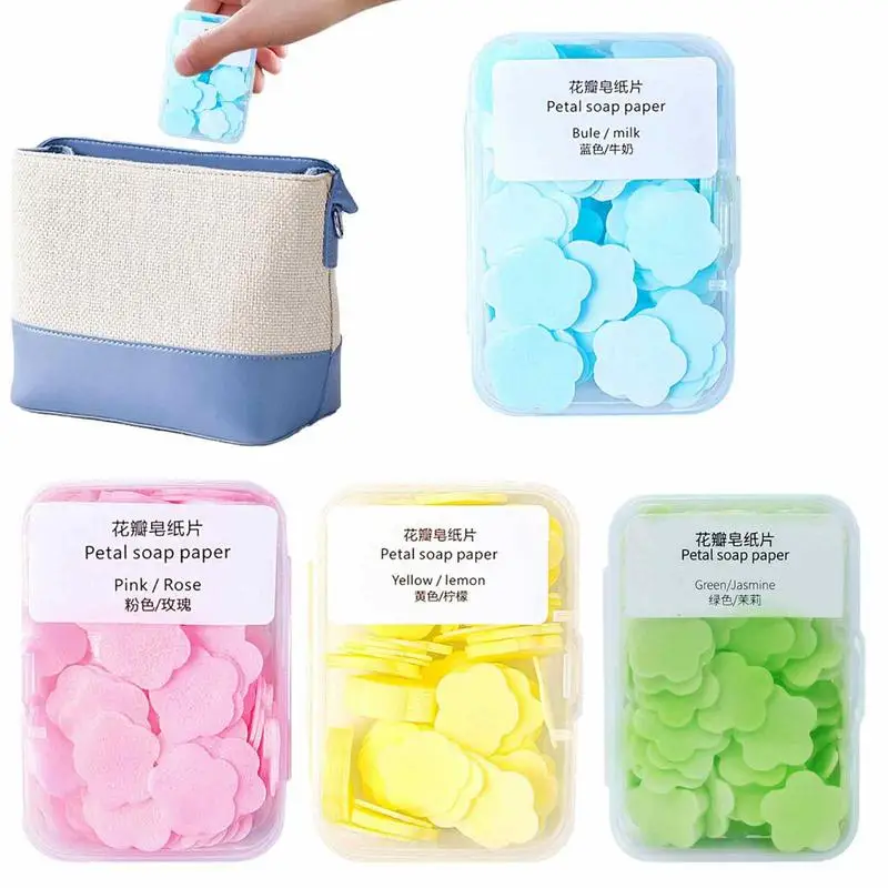 

Children Carry Mini Petal Hand Washing Sheet 400Pcs One-time Soap Sheet Portable Transparent Soap Box Soap Paper For Camping