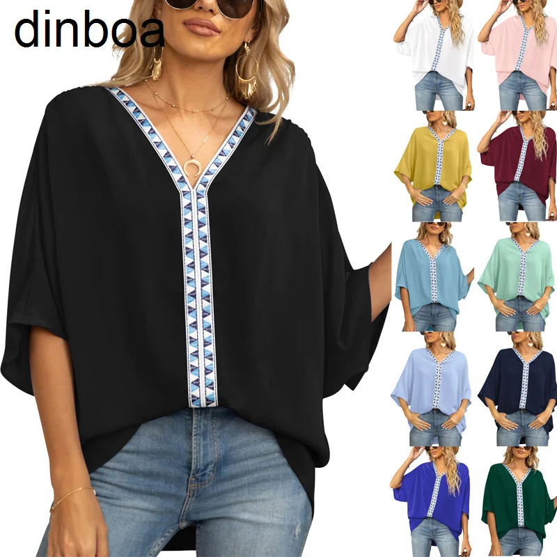 

Dinboa-2023 Summer New Women's Bat Sleeve Chiffon V-neck Short-sleeve Shirt