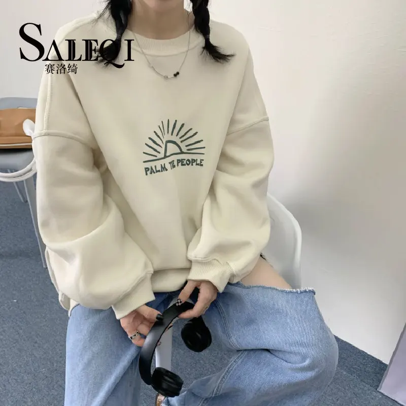 

Свитшот женский оверсайз с длинным рукавом, модный винтажный пуловер с круглым вырезом и надписью в Корейском стиле, топ абрикосового цвета...