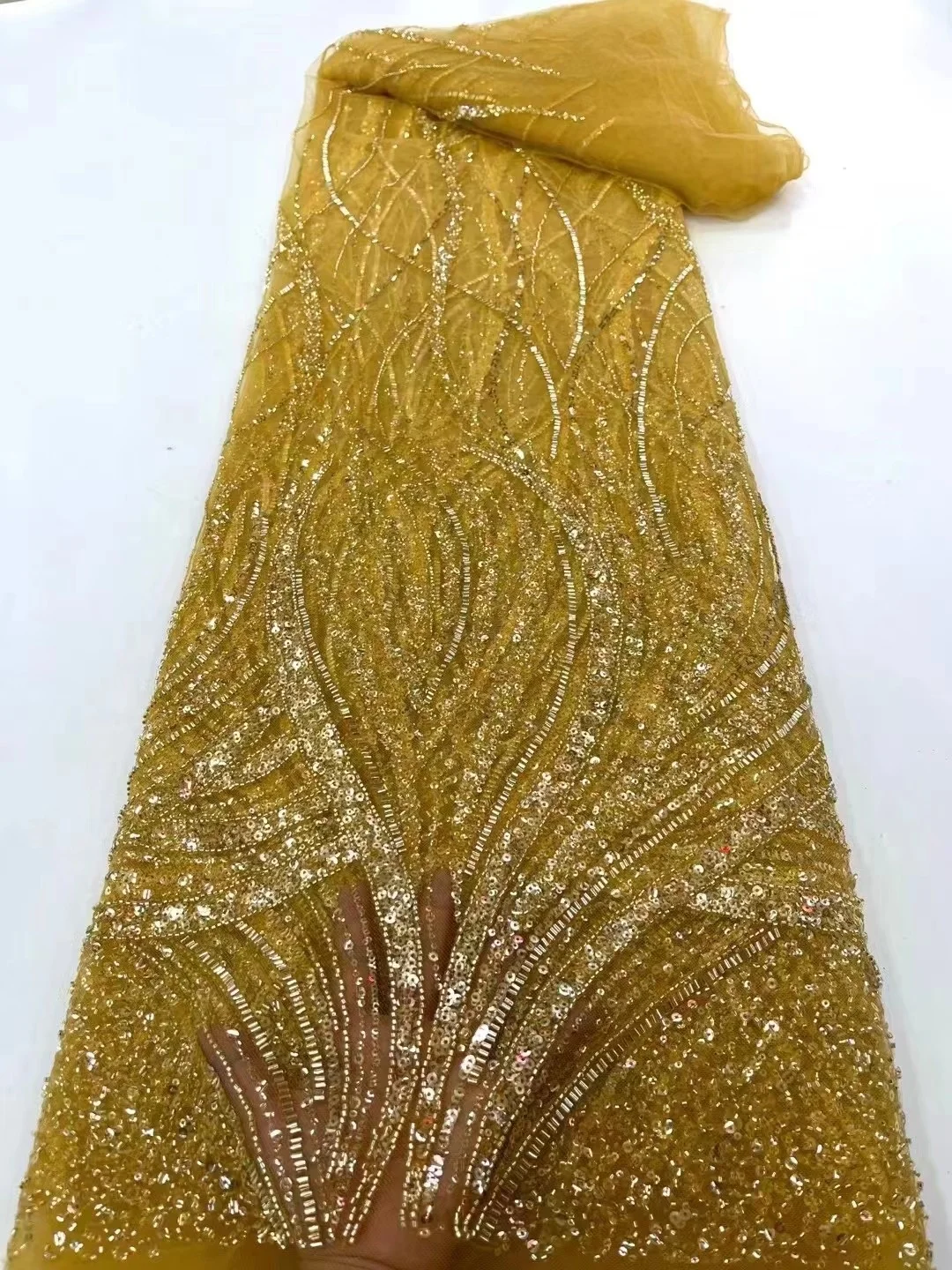 

Желтая нигерийская Свадебная кружевная ткань 2022, роскошная вышитая блестками Тюль с бисером, кружевная Ткань 5 ярдов для вечерних платьев