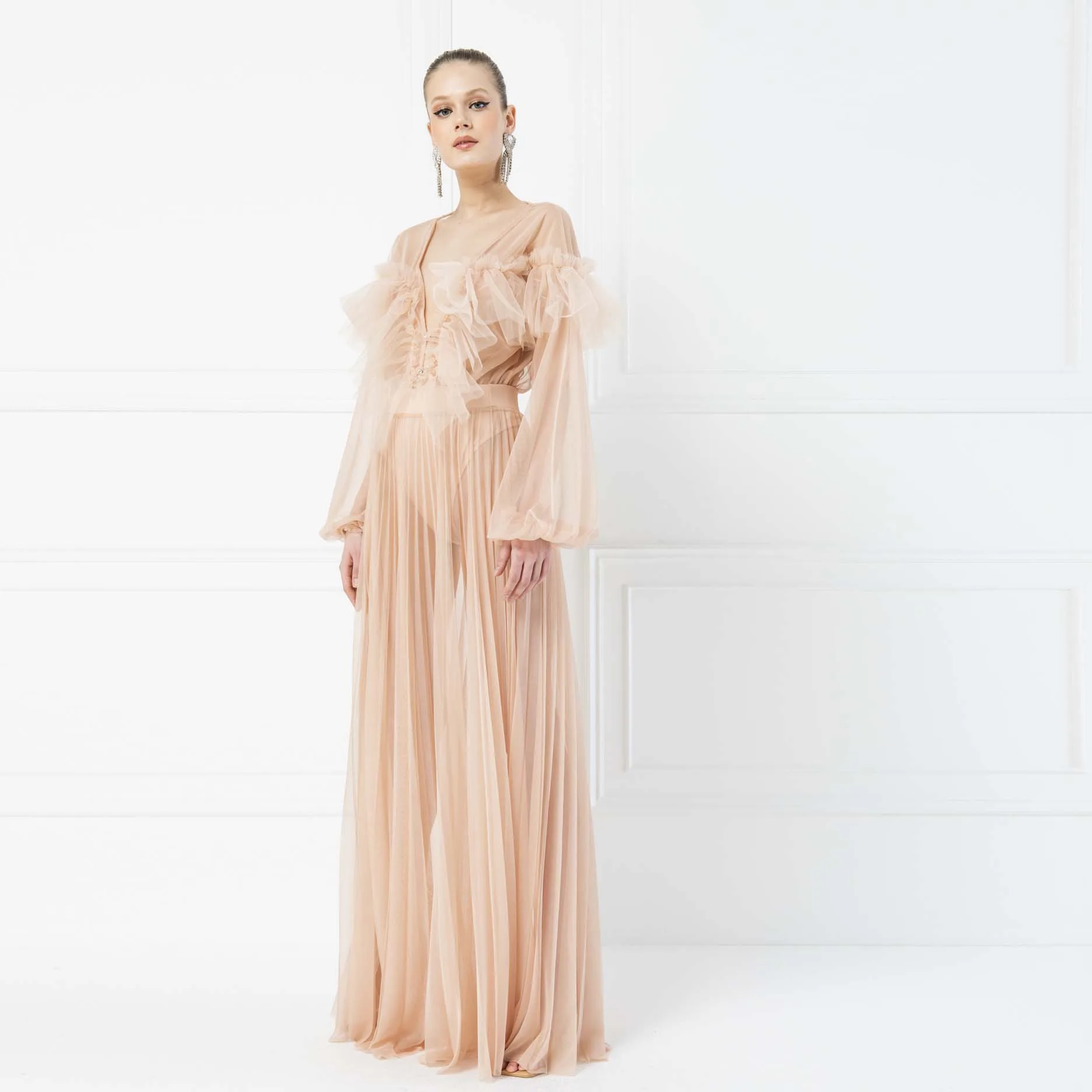 

Newest Nude Color See Thru Pleated Long Tulle Skirts Women Zipper Waistband A-line Tulle Skirt Female Bottom