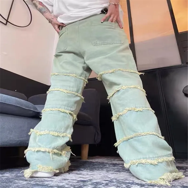 2022 new American retro jeans mopping the floor drape men and women ins tide loose straight light color trousers summer