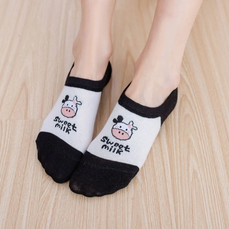 

Женские летние невидимые носки-лодочки с низким вырезом, милые Мультяшные носки в стиле Харадзюку С Рисунком молочной коровы, в полоску