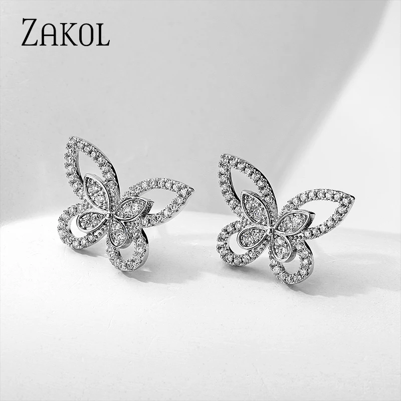 

ZAKOL New Cubic Zircon Butterfly Stud Earrings Female Simple and Sweet Student Cold Wind Design Girlfriend Jewelry Wholesale