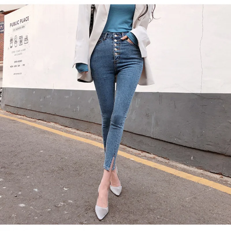 

New Women Autumn Spring High Waist Jeans Skinny Button Denim Zipper Clothing Female Fashion Vintage Jeans Pencil Pants 25-30