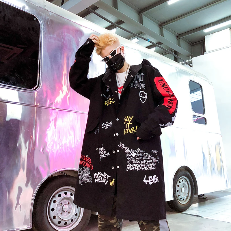

YASUGUOJI Korean Fashion Long Trench Coat Men New Spring Letter Print Style Hooded Overcoat Black Hip Hop Streetwear Mens Jacket