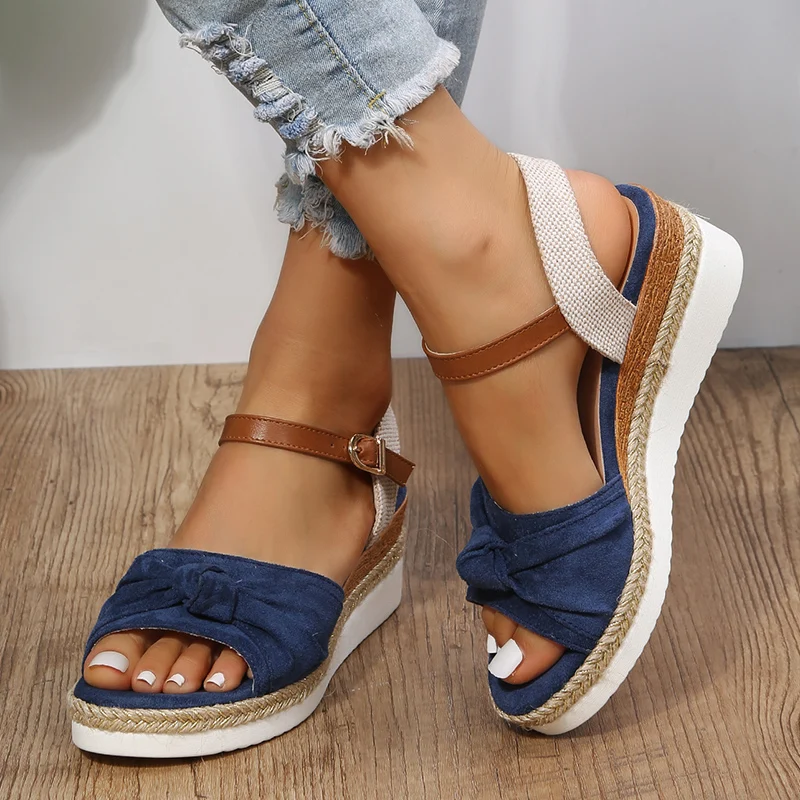 

Summer Wedges Sandals 2023 Open Toe Flock Bowtie Platform Gladiator Shoes Woman Mix Color Non-slip Rome Large Size Sandalias