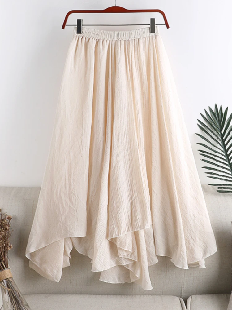 

Elegant Linen Skirt Women Soild Irregular Pleated Skirts Casual Office Lady 2023 Spring Summer Female Outfits Streetwear