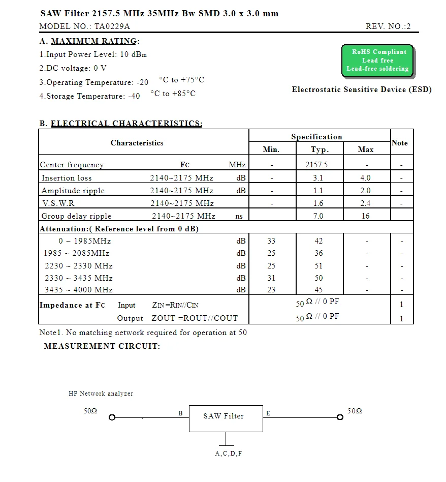 10 шт. TA0229A код FI новый оригинальный фильтр SMD SAW 2157.5 МГц в наличии