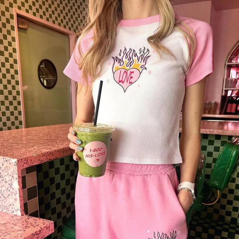 

Y2K Sweet girl cute letter graphic t shirts Harajuku pink fun kawaii casual top Ulzzang summer Women's cropped T-shirt clothes