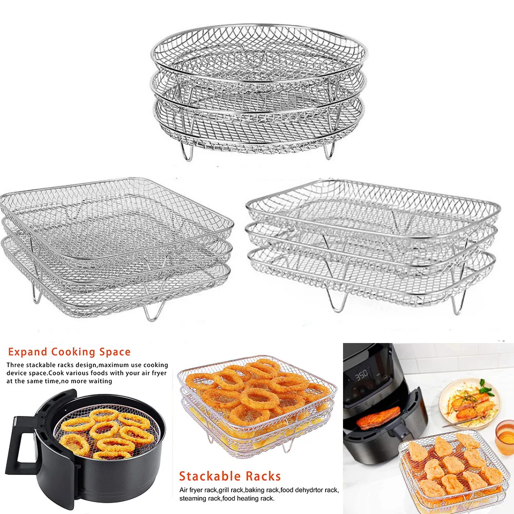 

3-layer Air Fryer Rack Stackable Grid Grilling Rack Stainless Steel Airfryer Tool Baking Tray Kitchen Oven Steamer Cooker Gadget