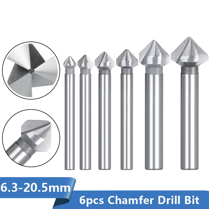 Round shank 6pcs 3 Flute 90 Degree HSS Chamfer Chamfering Cutter End Mill Tool Countersink Drill Bit Set 6.3-20.5MM