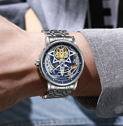 Мужские полностью автоматические механические светящиеся часы с Лунной фазой