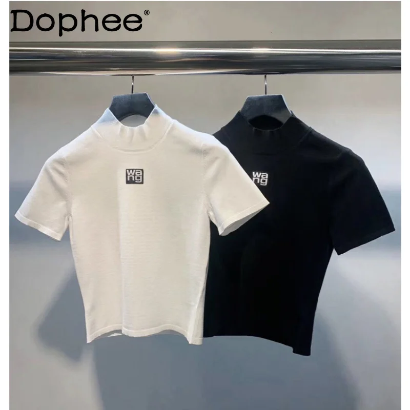 Sexy Slim-Fit Knited Tshirts for Women 2022 Summer New Print Letter Pullover Short Sleeve T-shirt Female Crop Tops Graphic Tees