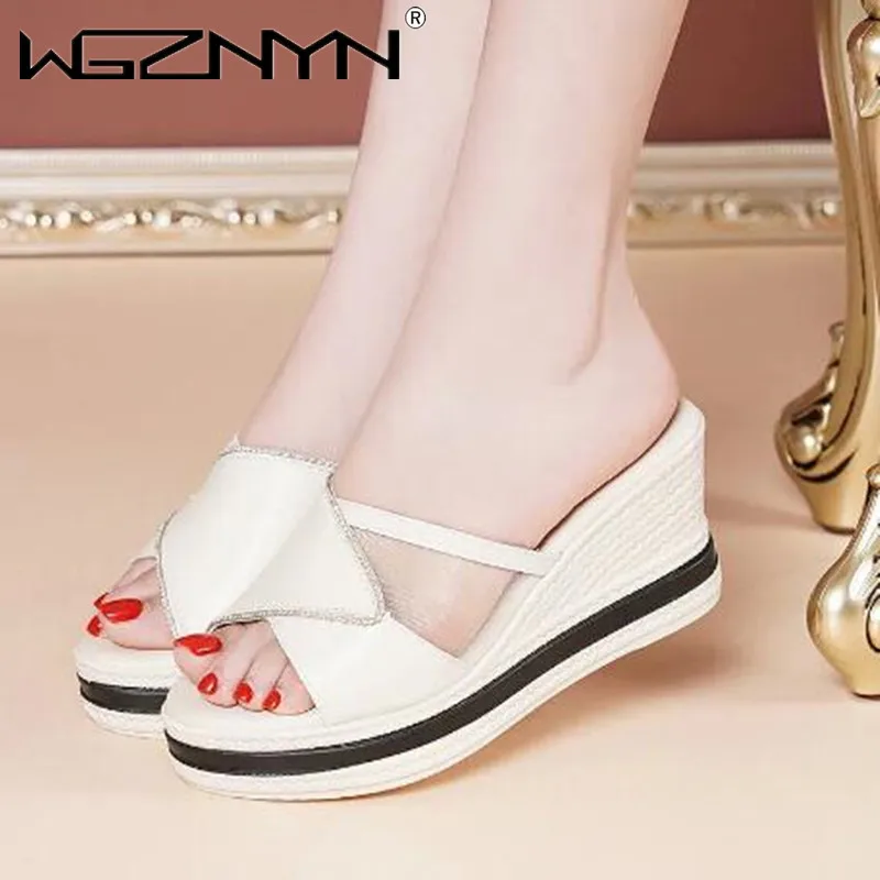 

Шлепанцы женские из натуральной кожи, повседневные сандалии на толстой подошве, танкетка, сланцы, белые, летняя модель