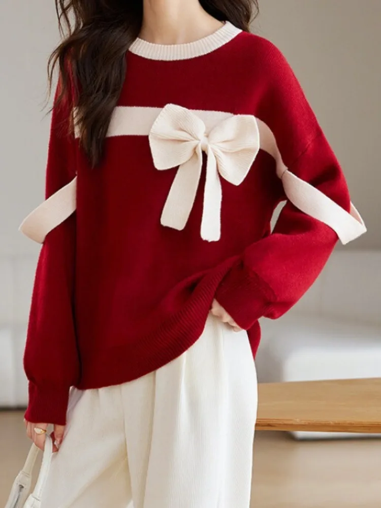 Женский Вязаный Пуловер С Круглым Вырезом Топ Бантом Повседневный Свитер