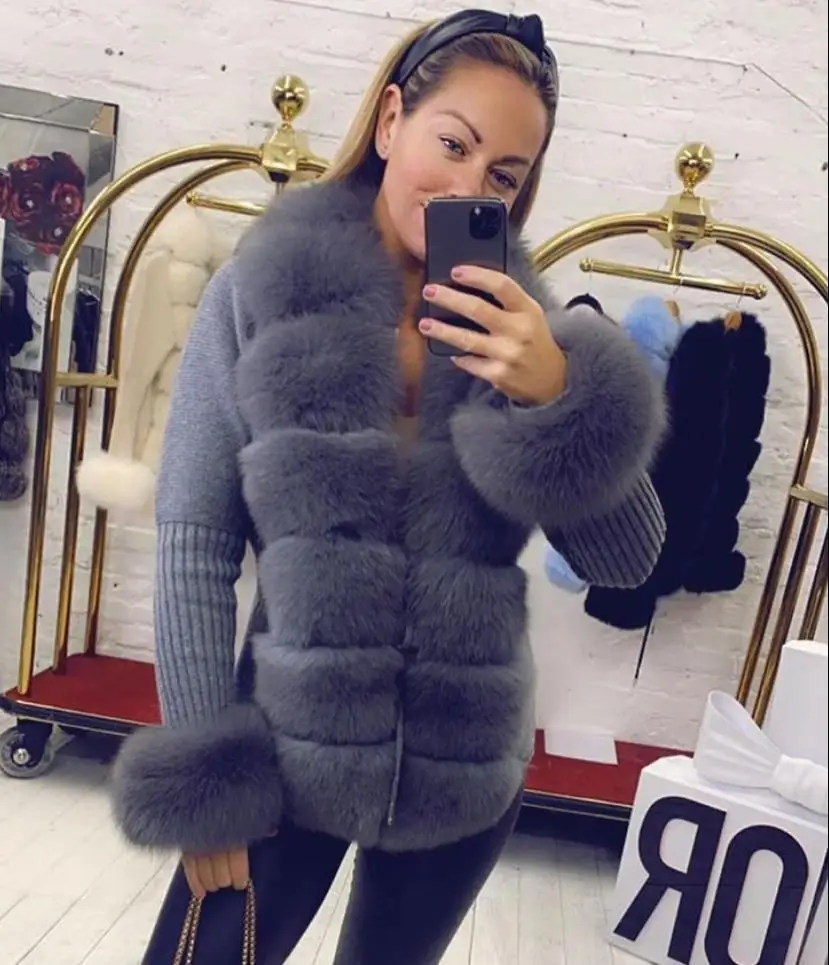 Women Cardigans Sweater Natural Fox Fur Lady Knitwears Knitted Crop Real fox Fur Ladies Winter Cashmere Warmer Jacket S7950