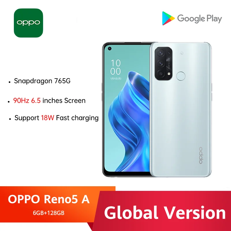OPPO Reno5 A Global Version 5G Smartphone 6GB 128GB 64MP Quad Cameras Snapdragon 765G 6.5'' 90Hz FHD+ Screen IP68 Reno 5A Phone