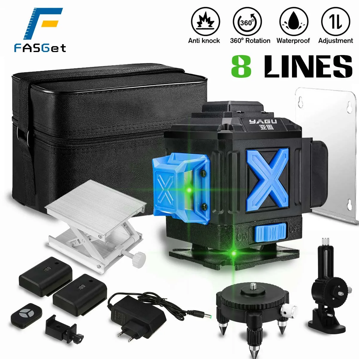 

FASGet 8 Lines 3D Laser Level Self-Leveling 360 Horizontal And Vertical Cross Super Powerful Green Laser Beam Line Wit 2 Battery