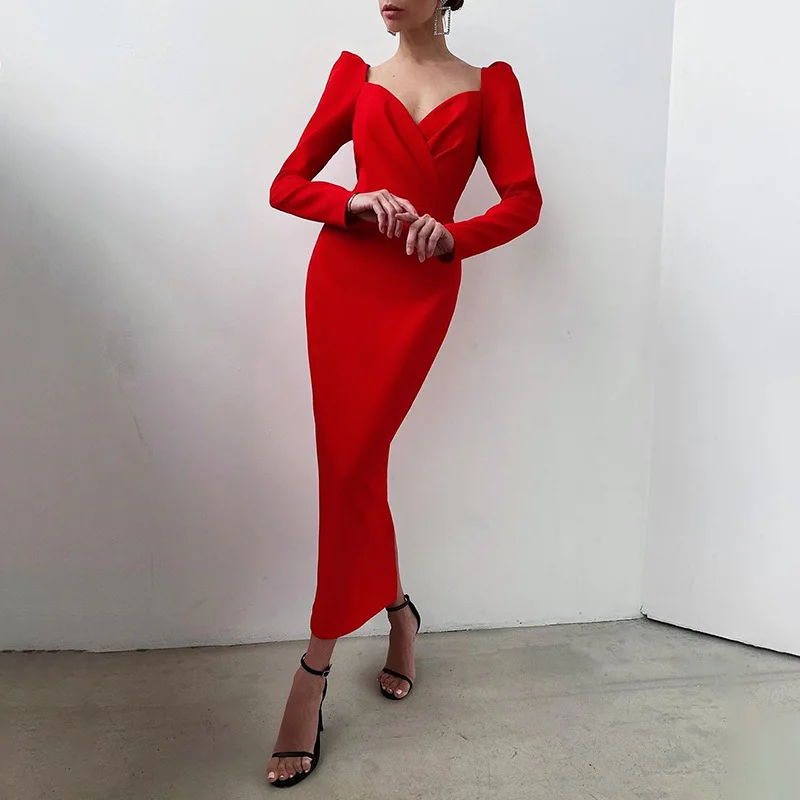 Elegant Party Women Dress Slim V Neck Long Sleeve Mid Calf Pencil Dress Casual Office Lady Solid Red Puff Sleeve Bridesmaid Dres