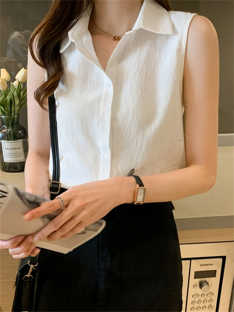 Sleeveless Chiffon Shirts Women Summer 2024 New Elegant Lapel White Shirt Loose Western Sle Base Vest Top