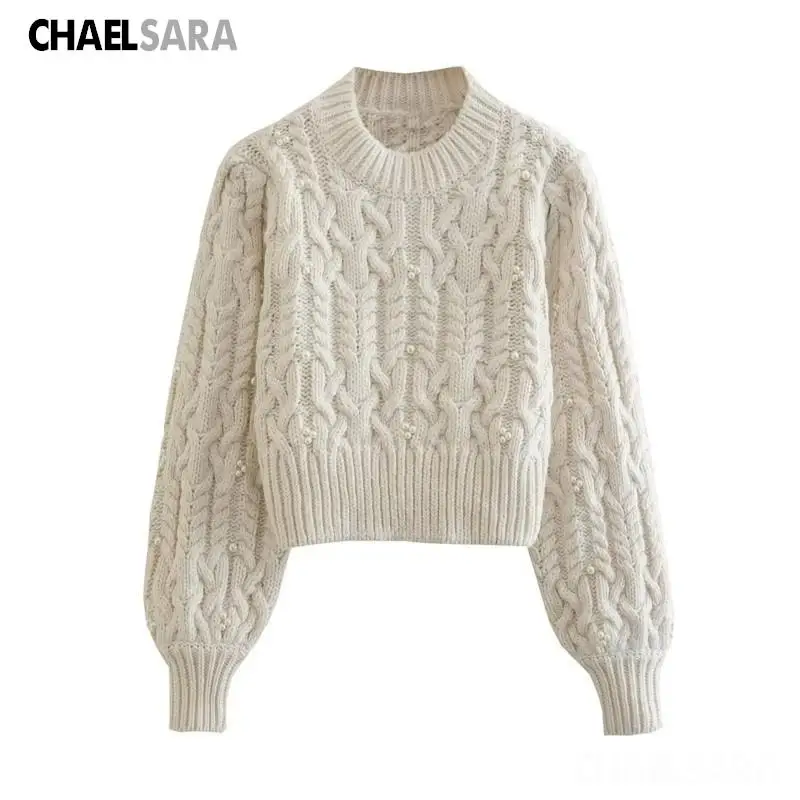 

2023 Winter Woman Vintage Jacquard Knit Short Pullover Sweater Female Chic Pearls Jumper Tops