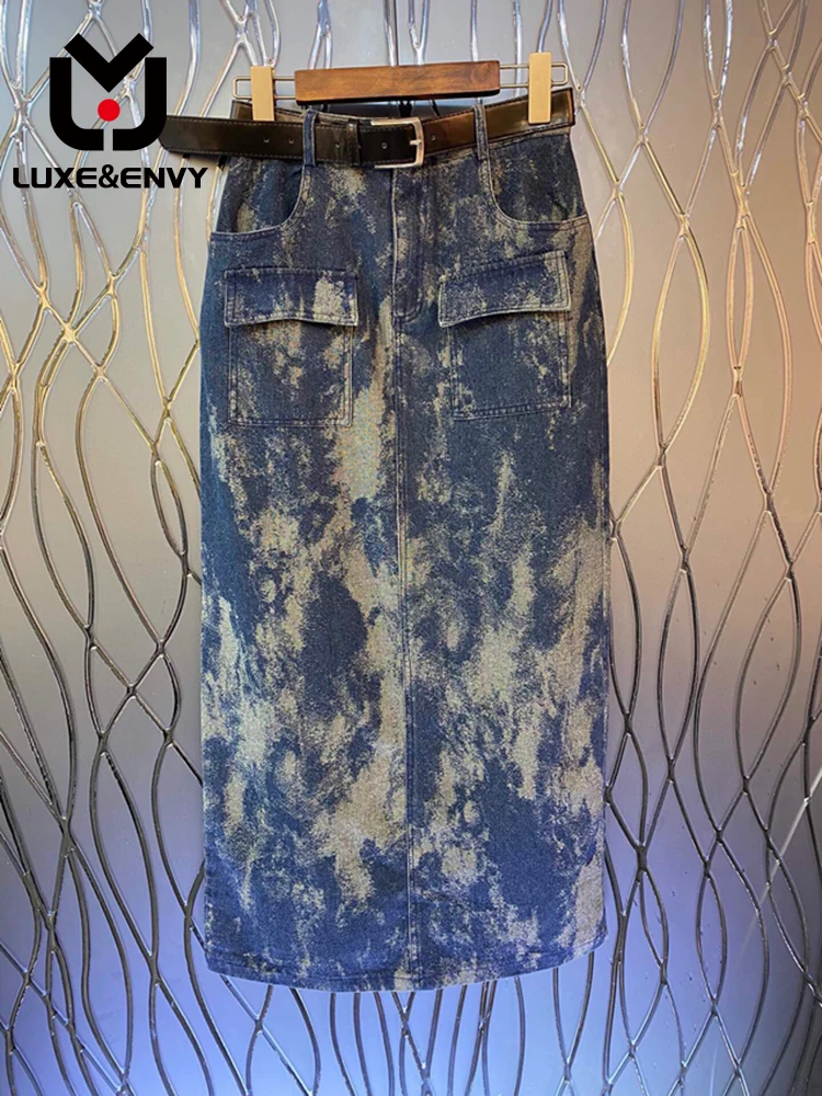 

Женское джинсовое платье Люкс & ENVY, универсальная юбка из денима с ремнем с пряжкой и симметричными карманами, осень 2023