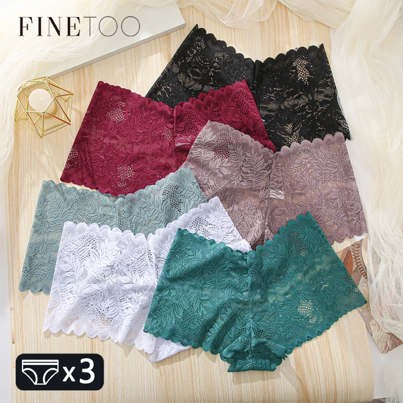 FINETOO 3Pcs Кружева Boyshort Трусики Женщины Низкая Талия Цветочные Нижнее Белье Девушки