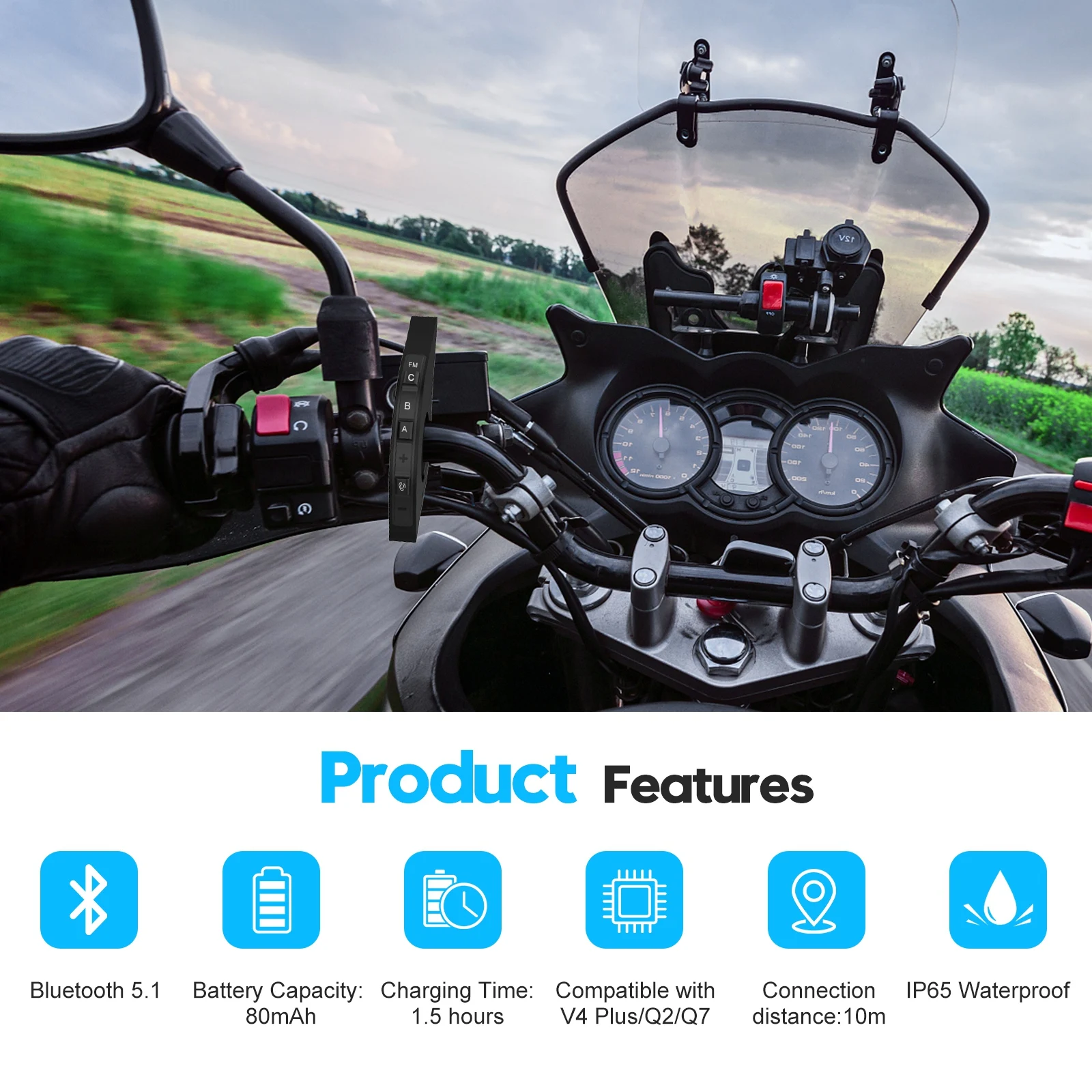 EJEAS Q7 Bluetooth 5.1 Motorcycle Helmet Headset Intercom Up to 7 Riders Wireless Waterproof Interphone FM Radio Handle Remote - купить по