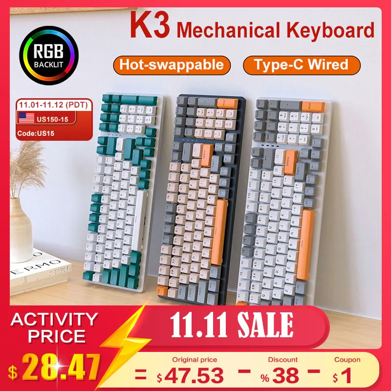 

K3 68/100 Keys RGB Gaming Mechanical Keyboard for Gamer Hot-swap NKRO Type-C Wired 2.4G/BT5.0 Wireless Gaming Computer Keyboards