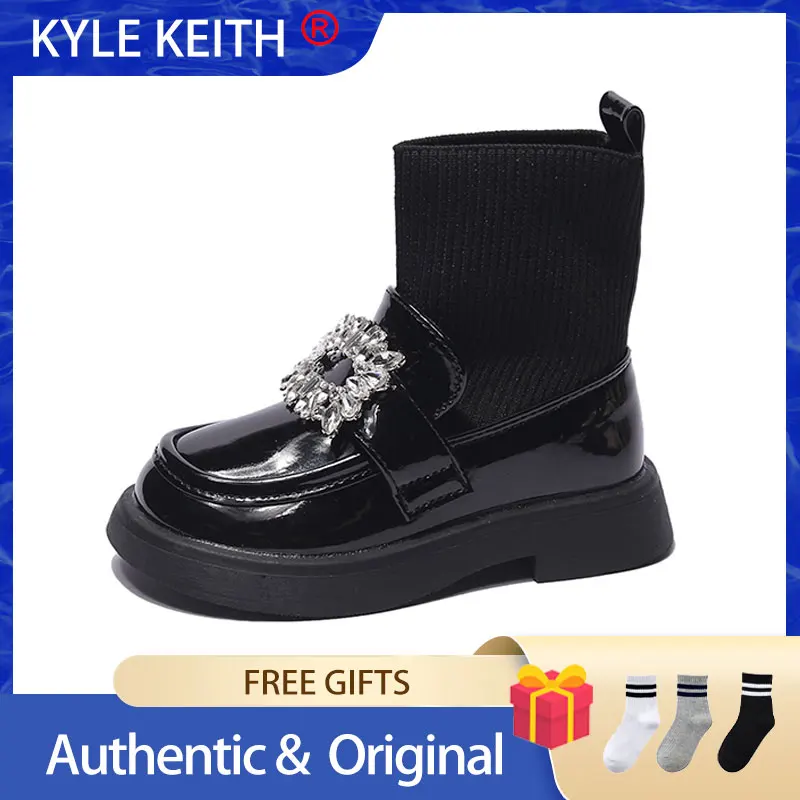 

Black Girls Leather Boots Metal Chains Flying Woven Stitching Princess Boots Kids Leather Soft Sole Boots Children Socks Boots
