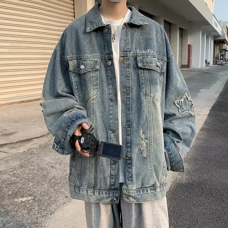 2023 American Style Vintage Denim Jacket For Men Spring Autumn Trendy Brand Washing Gradient Street Clerks Versatile |