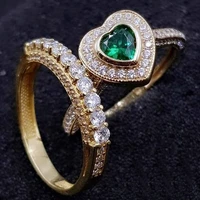2 pcsset gorgeous gold color heart shaped set green stone rings womens cubic zirconia anniversary bridal jewelry gifts