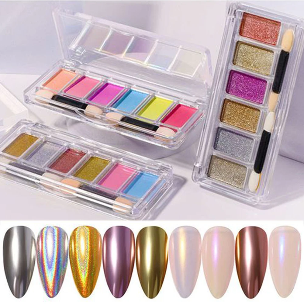 

Solid Mirror Effect Nail Powder Set 4-6Colors Holographic Laser Chrome Pigments Dust Gel Decorations DIY With Eyeshadow Stick*H5