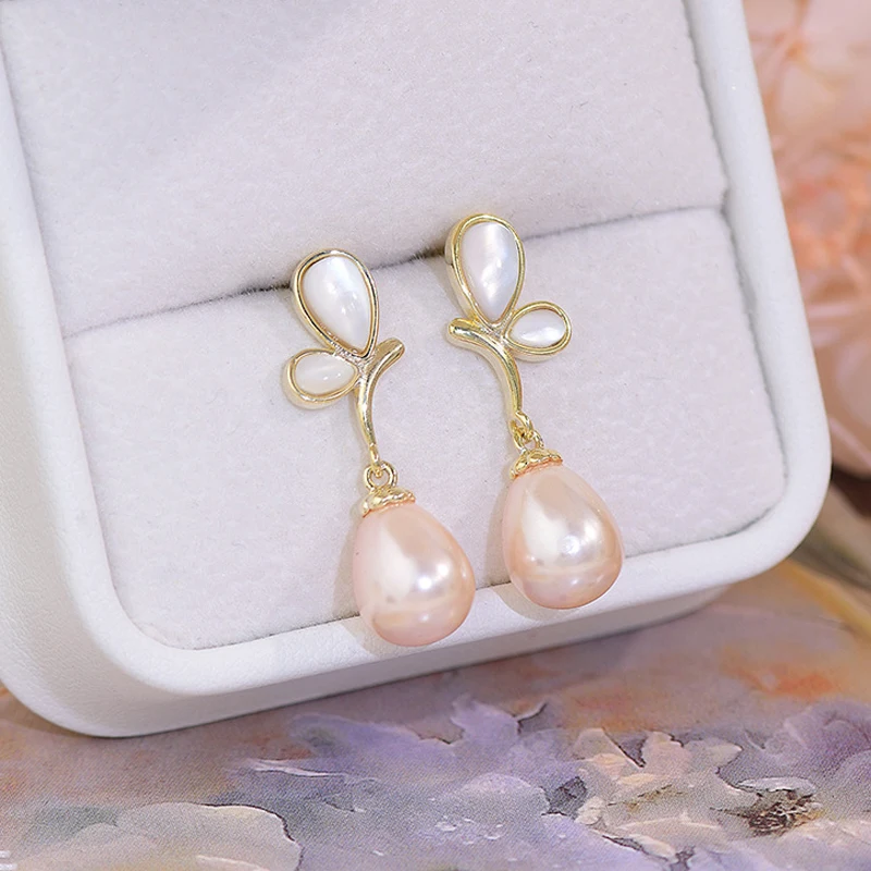 

Korean Simple Cute Tiny Leave Women Earring 14K Real Gold Pearl Shell Stud Earrings Anniversary Engagement Pendant Accessories
