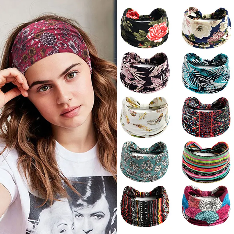 

Bohemian Wide Cotton Headbands Vintage Flower Print Elastic Turban Headwrap Yoga Fitness Hairbands Soft Bandana Hair Accessories