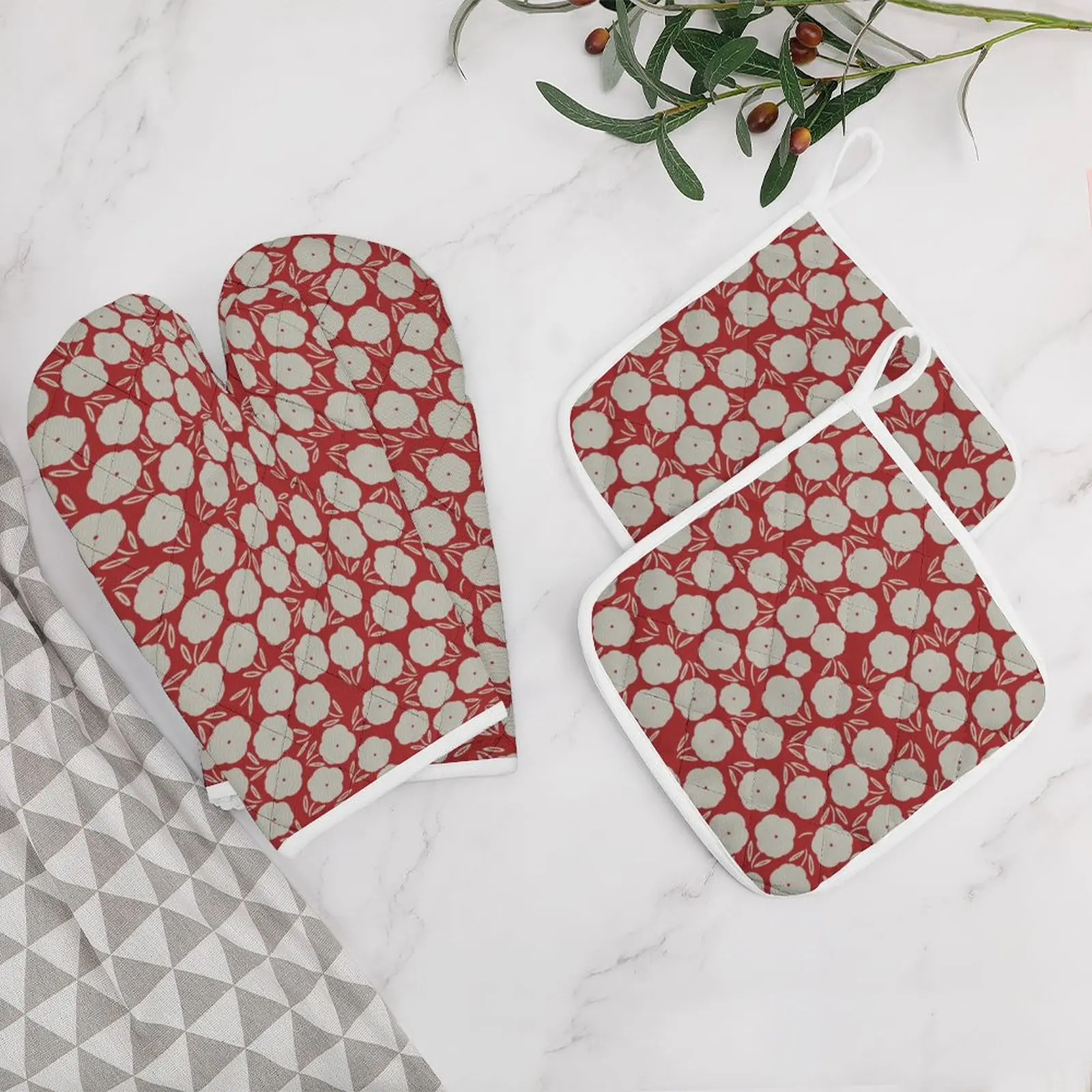 

Oven Mitts and Pot Holders Sets of 4 Heat Resistant Oven Gloves Safe Cooking Baking Grilling Flower--white-repeat-red