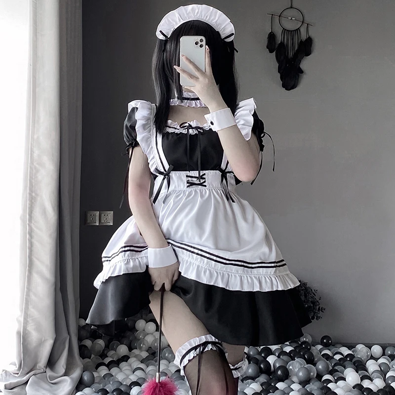 

Black White Cosplay Women Maid Outfit Lolita Dress Cute Bowknot Kawaii Japanese Maids Costume Role Play Clothes Animation Show