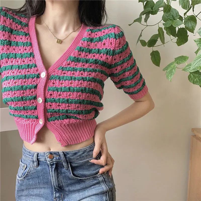 

Women's Button Down Tops Elegant Short Sleeve V Neck Striped Print Knit Cardigan Women's Tube Top High Streetwear Spring Summer