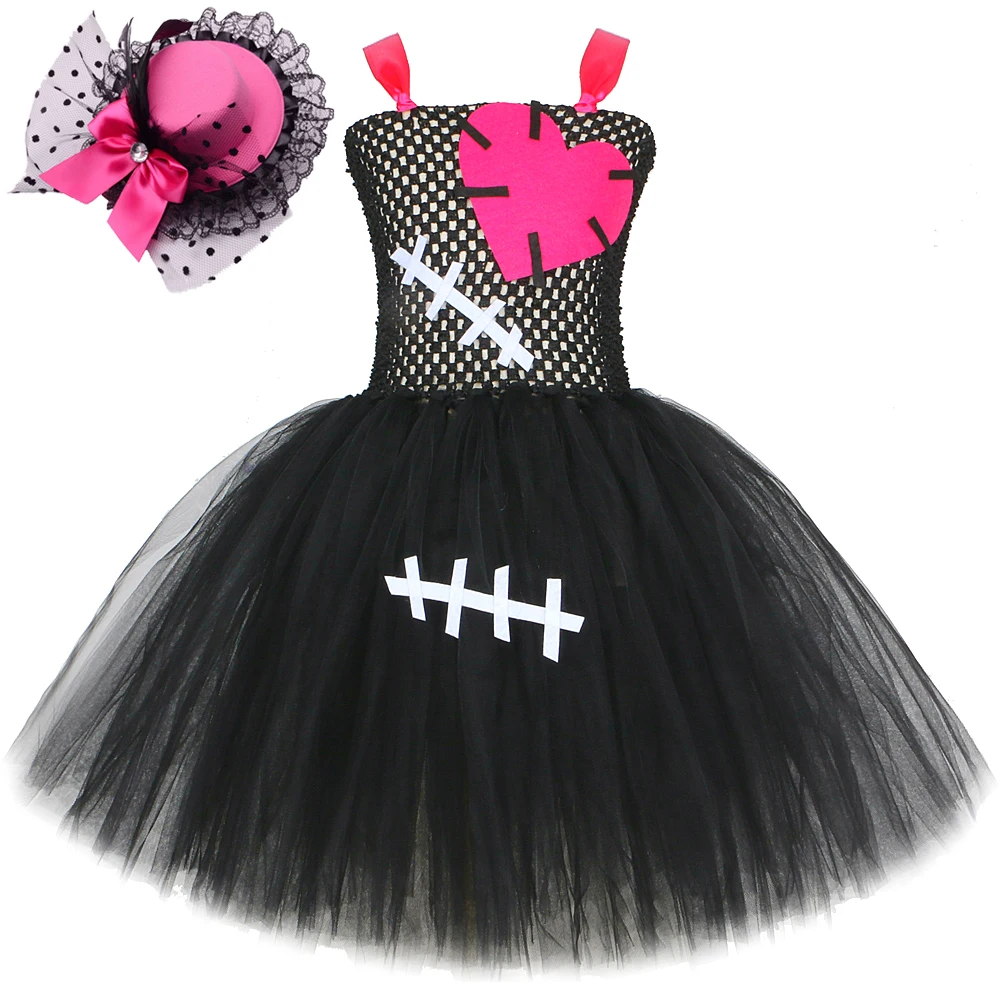 Hot Pink Black Zombie Halloween Costumes for Girls Broken Doll Scary Tutu Dress Kids Carnival Party Creepy Outfit with Lace Hat