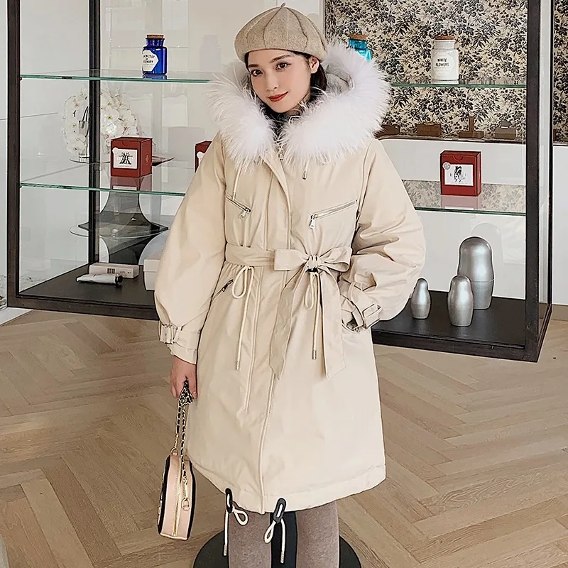 Fashion Thick Mid-length Parka Coat Jacket Ladies Thick Hooded Winter Warm Space Cotton Jacket Ladies Solid Color Lace Zipper